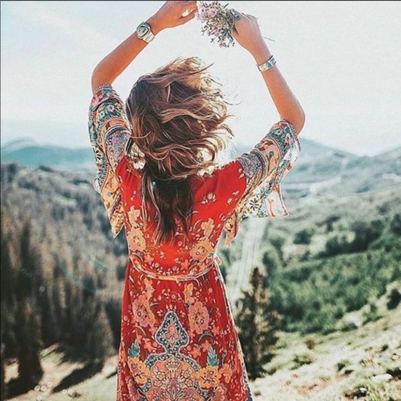 Bohemian Red Floral Gypsy Kimono Long Maxi Dress - Picture 6 of 16